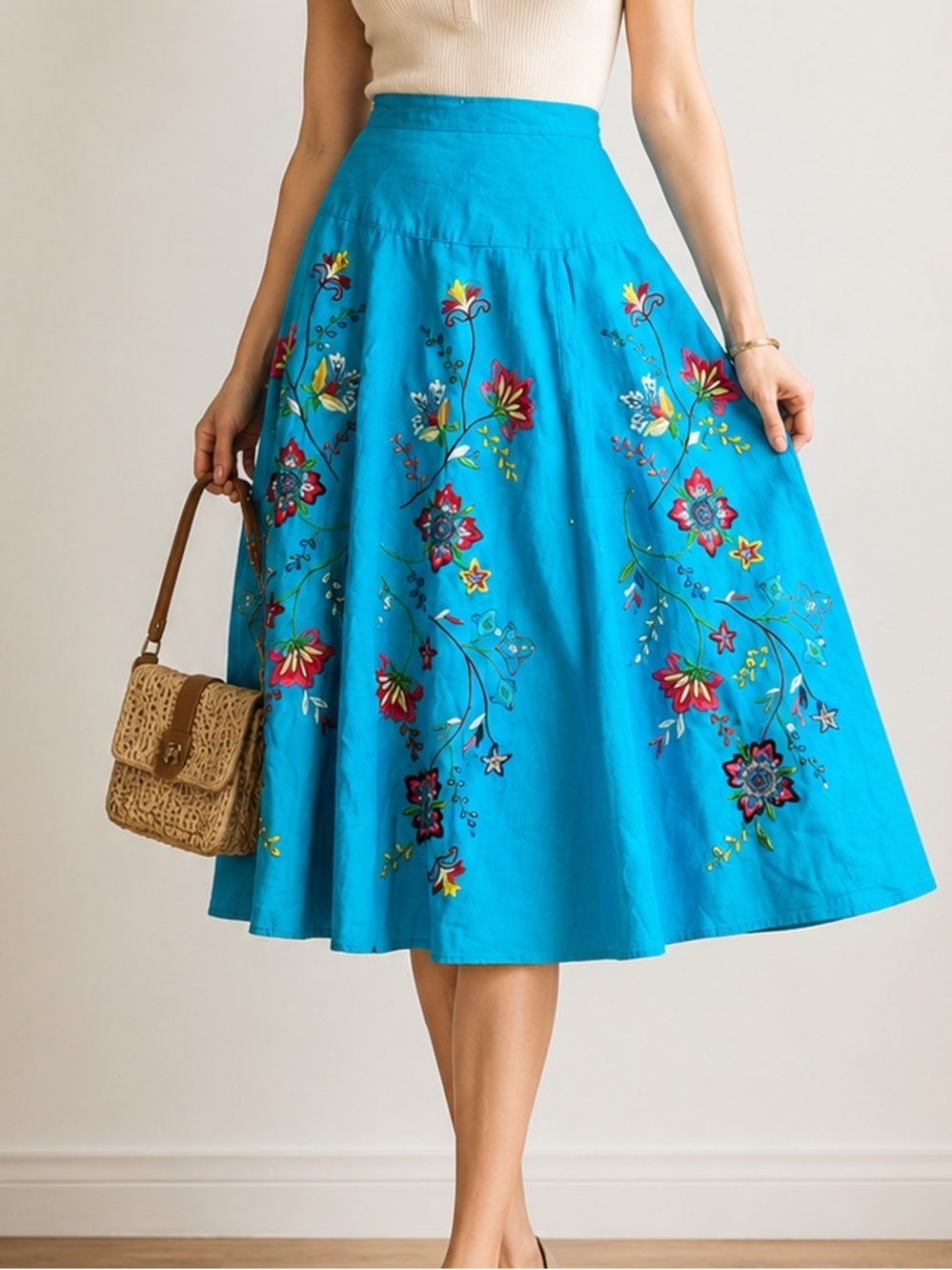 CAROLE LITTLE Vintage Linen heavily floral embroidered Boho midi skirt size 4